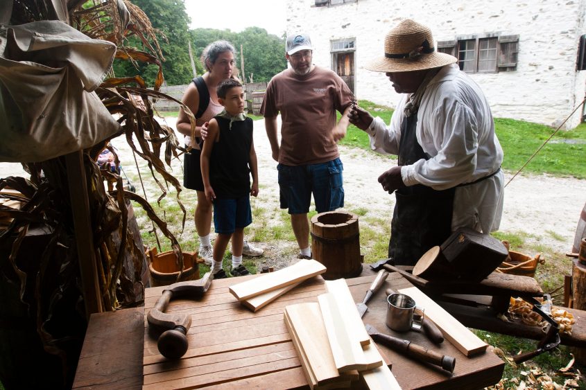 Outdoor coopering demonstration at Philipsburg Manor 