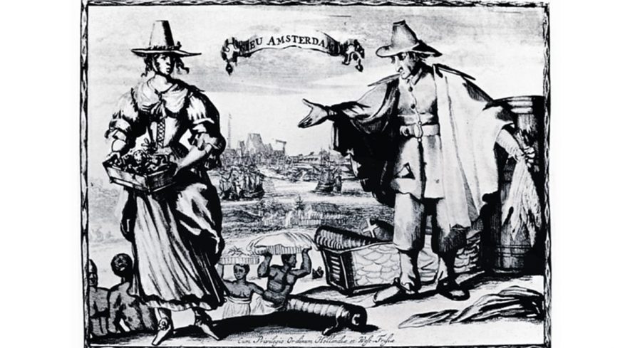 A detail from a c. 1643 engraving of Dutch traders