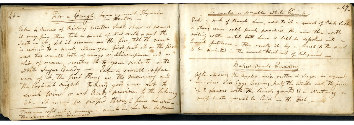 Receipt (Recipe) book. Magdalena Douw Stevenson (1750–1817) and Ann Stevenson Van Cortlandt (1774–1821), compilers. Albany, 1810–1820. Ink on paper, handwritten and bound with wallpaper cover. Historic Hudson Valley, Pocantico Hills, NY (V2443), Gift of Mrs. Robert P. Browne.